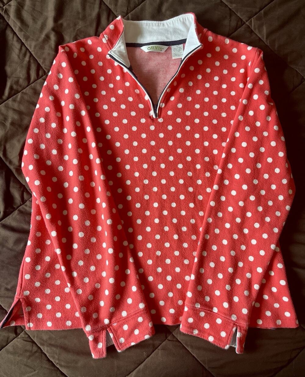 Orvis Womens L Pink Red Polka Dot 1/4 Zip Pullover Sweater Top